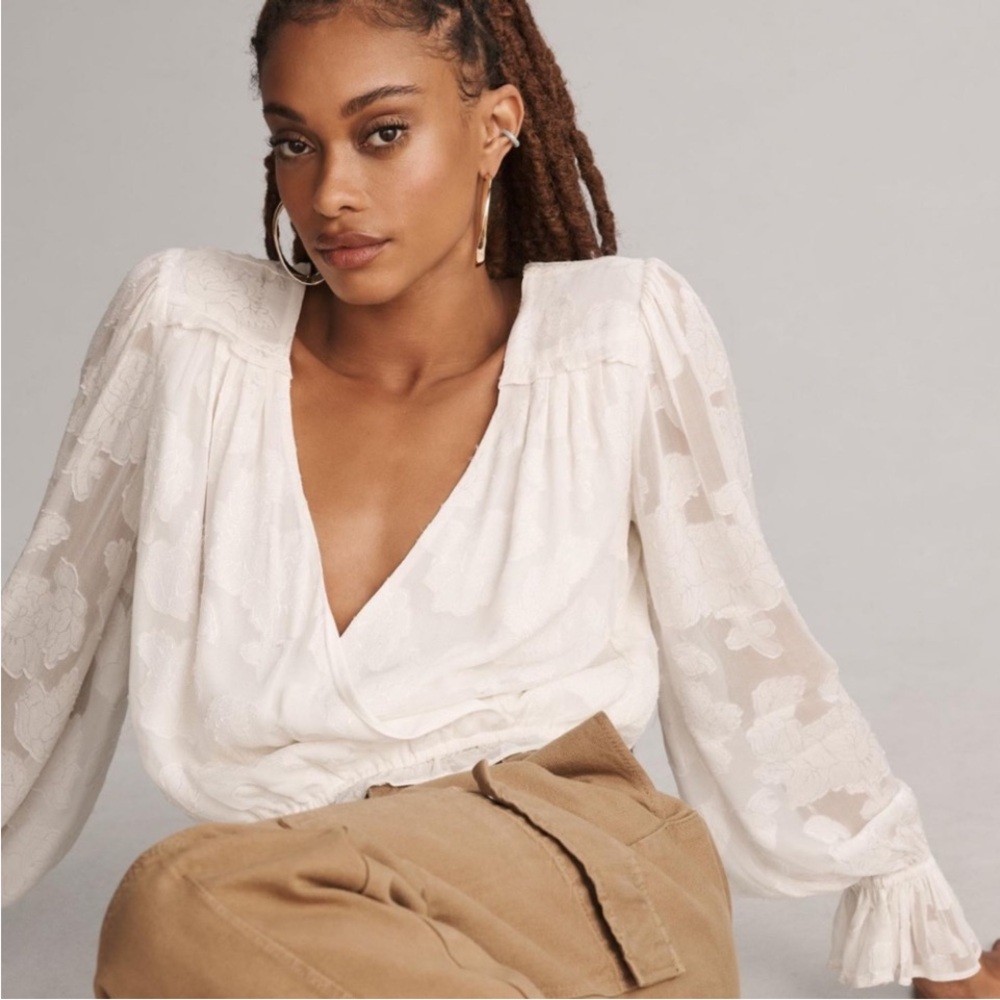 Anthropologie White Floral Jacquard Wrap Blouse